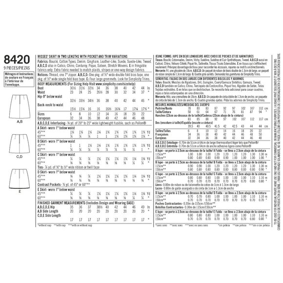 Simplicity Sewing Pattern D0718 / 8420 Skirt Pockets Mini Short Miss Size 14-22 - Picture 2 of 3